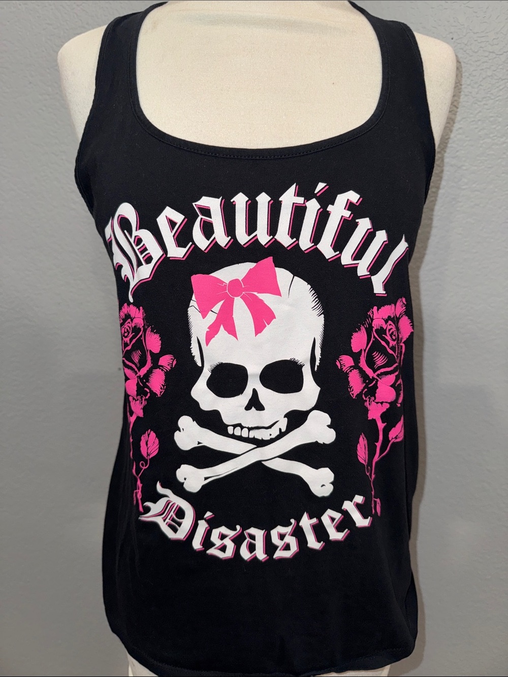 Beautiful Disaster Women's Black Tank Top with Pink Skull Graphic